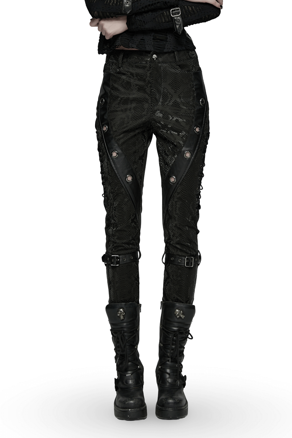 US SALE of Gothic Snake Print Pants with Eyelet and Strap Detail