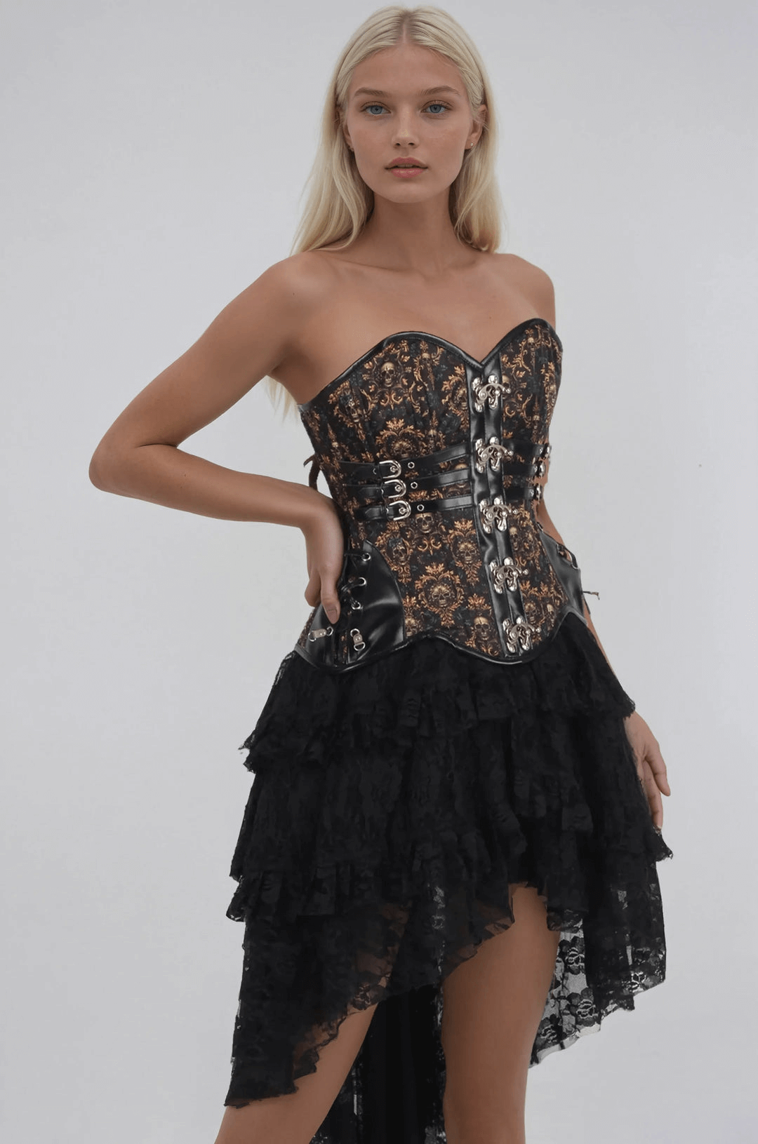 Gothic Steampunk Overbust Corset with Ornate Skull Print
