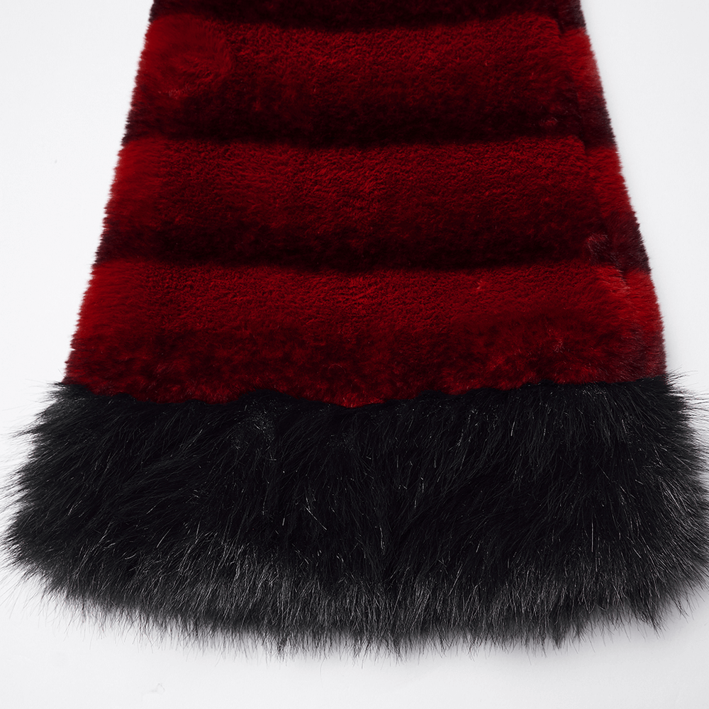 Gothic Striped Red Fur Leg Warmers with Buckle Straps