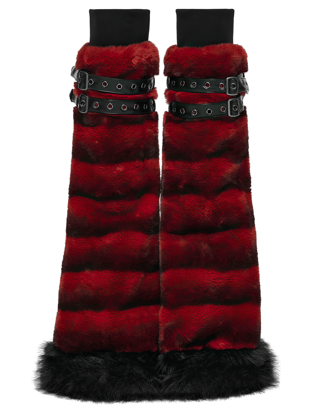 Gothic Striped Red Fur Leg Warmers with Buckle Straps