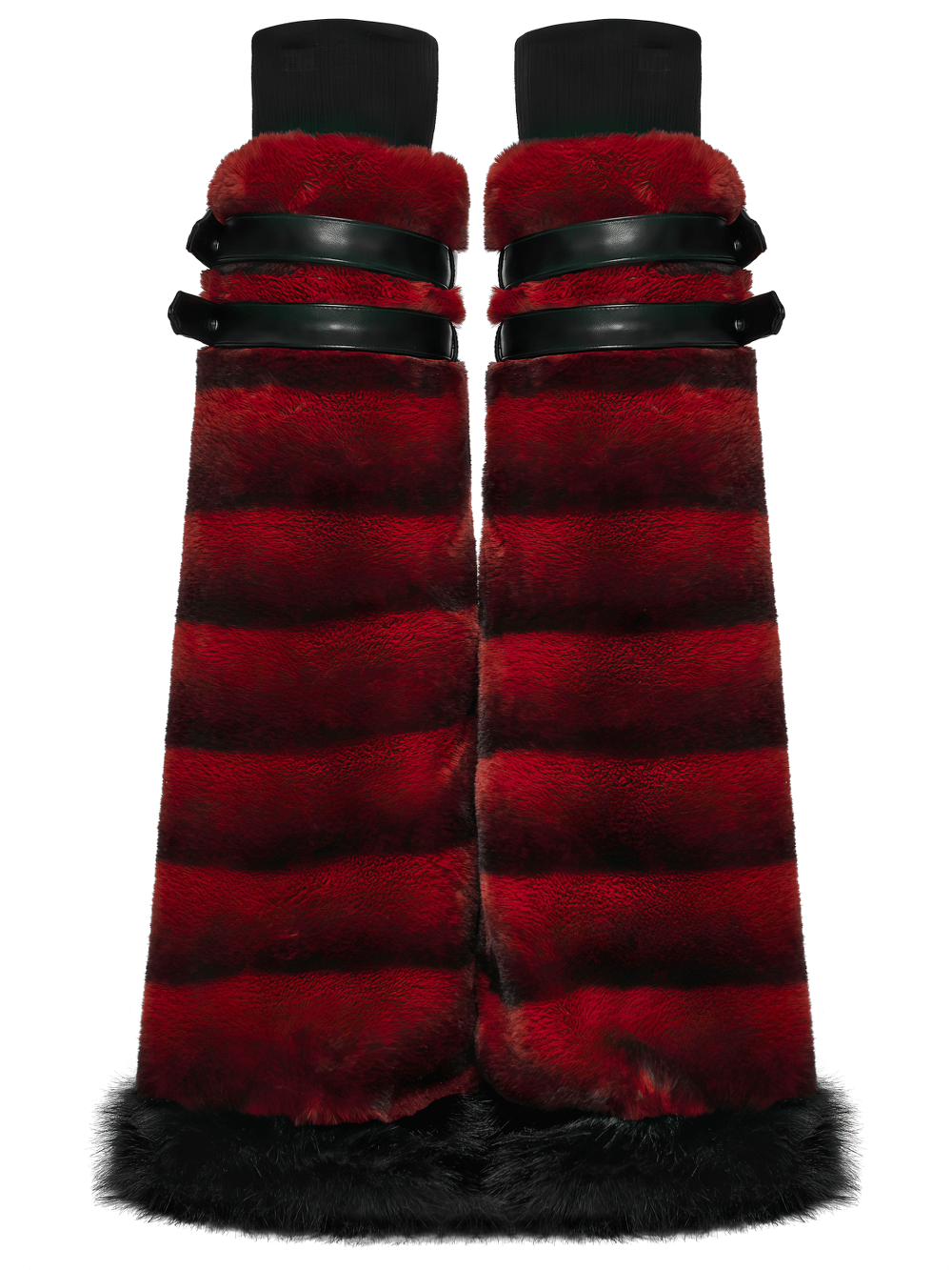 Gothic Striped Red Fur Leg Warmers with Buckle Straps