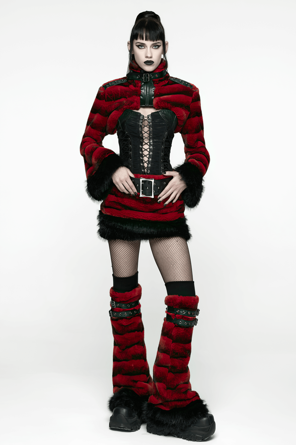 Gothic Striped Red Fur Leg Warmers with Buckle Straps