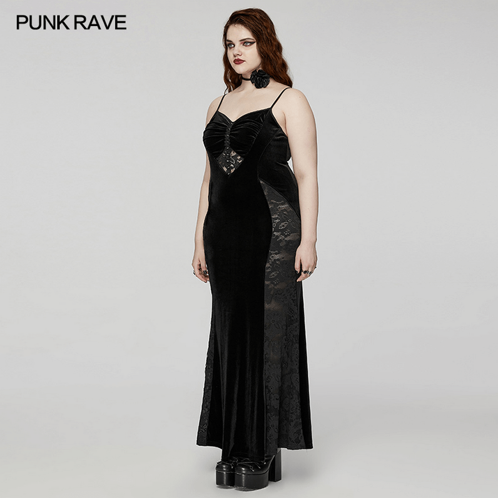 Gothic Style Black Velvet Lace Panel Mermaid Dress