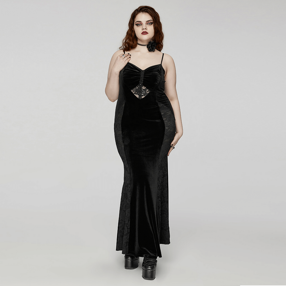 Gothic Style Black Velvet Lace Panel Mermaid Dress