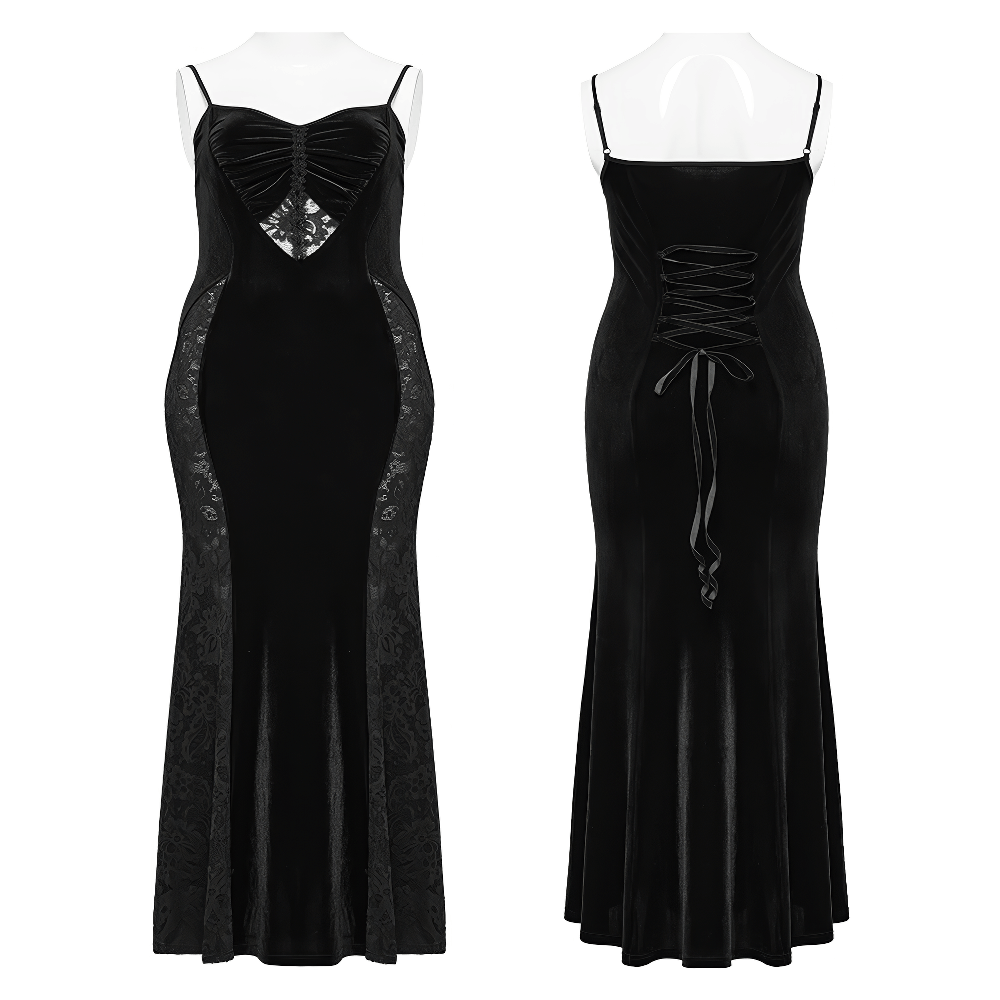 Gothic Style Black Velvet Lace Panel Mermaid Dress