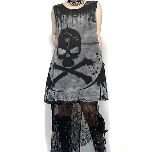 Gothic Style Short Dress With Skull Printed / Punk Sleevless Dress / Alternative Fashion