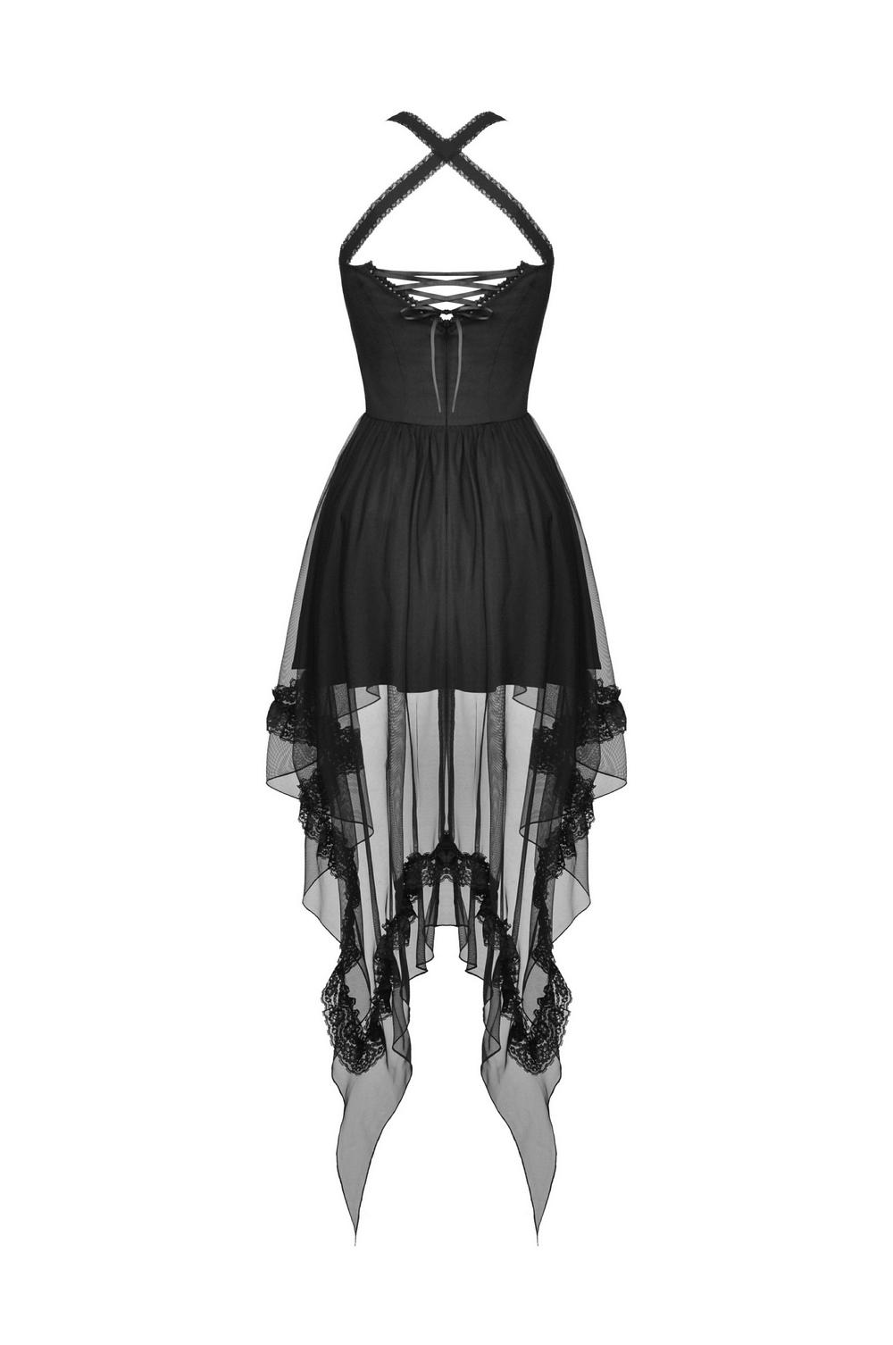 Gothic Swallowtail Dress with Lace and Layered Skirt