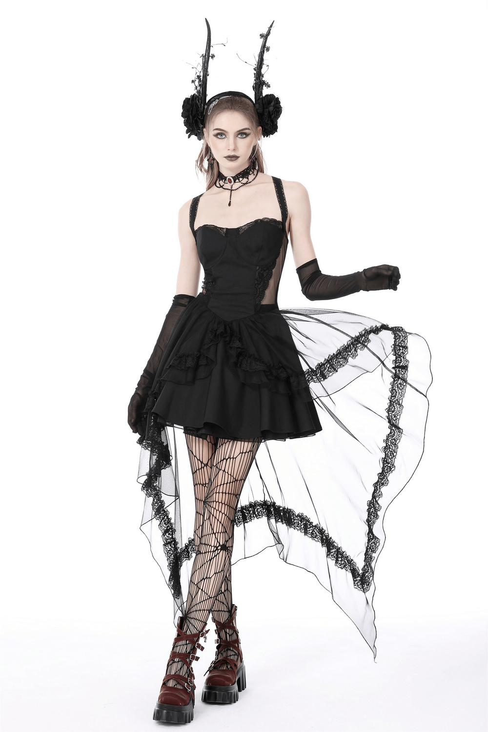 Gothic Swallowtail Dress with Lace and Layered Skirt