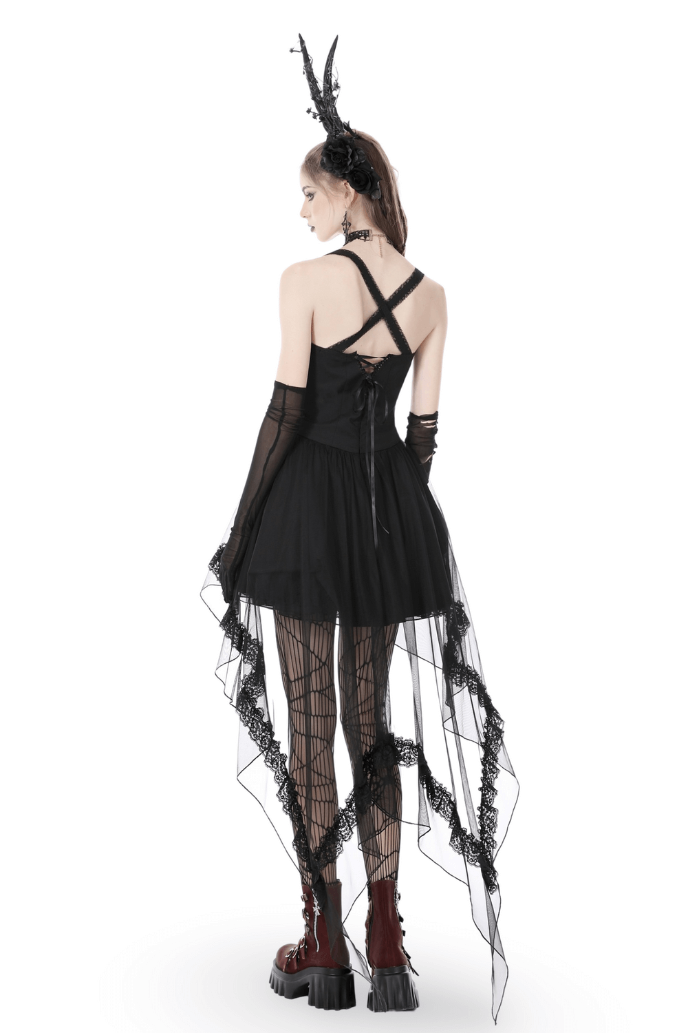 Gothic Swallowtail Dress with Lace and Layered Skirt