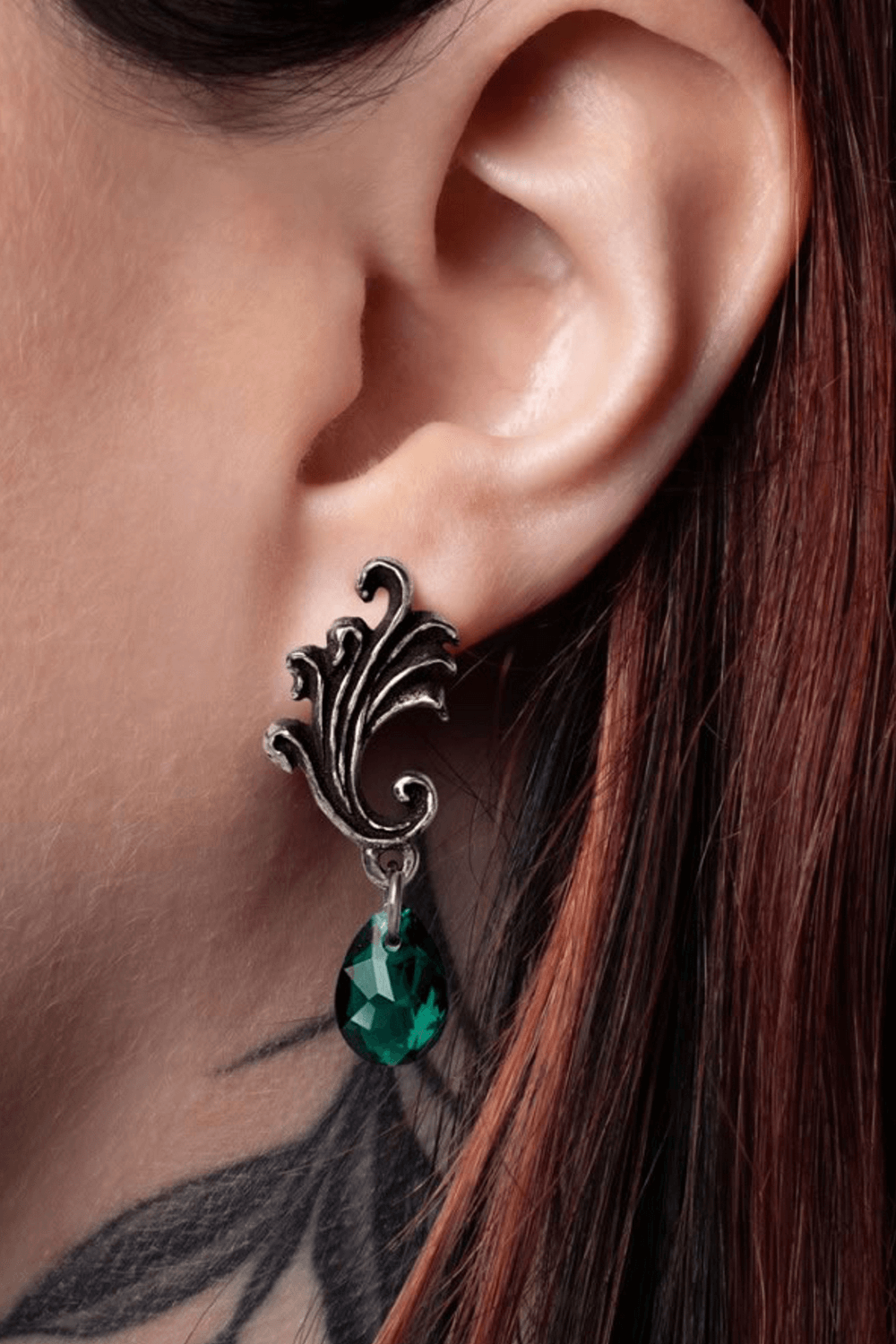 Gothic Swirl and Ivy Green Crystal Drop Earrings