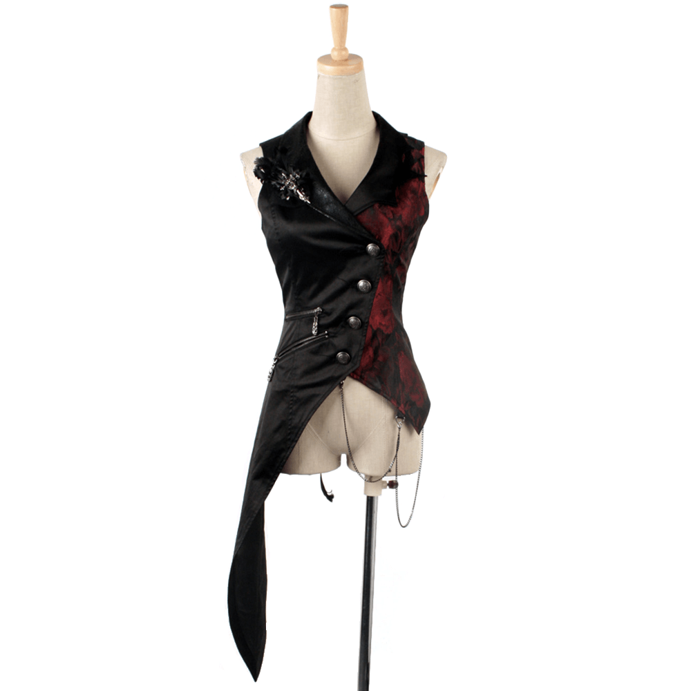 Gothic Tailcoat Vest with Chains and Red Brocade Detail