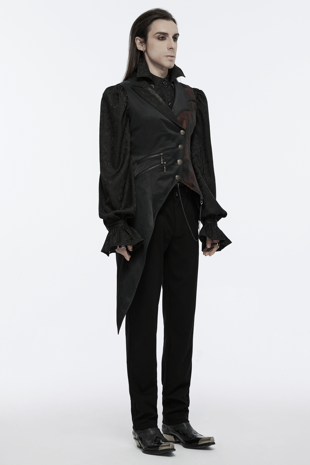 Gothic Tailcoat Vest with Chains and Red Brocade Detail