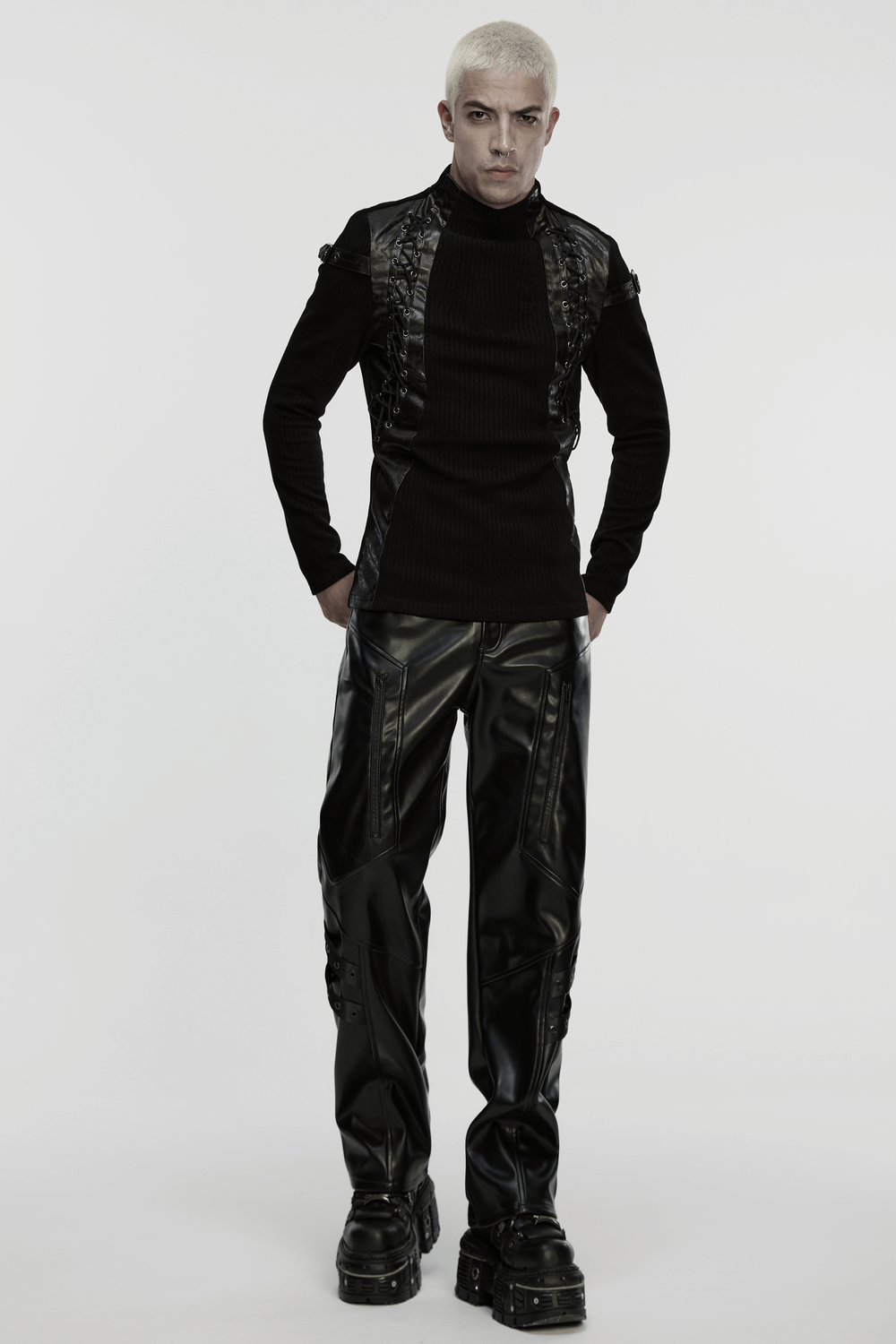 Gothic Top with Leather-Like Panels And Lacing Details