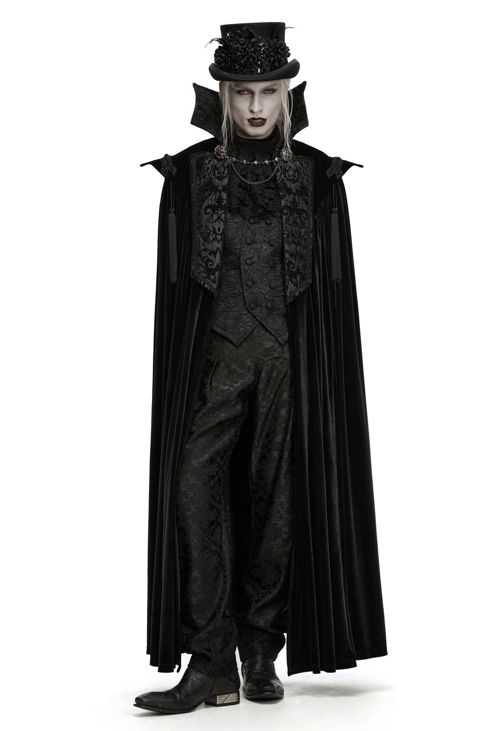 Gothic Vampire Velvet Cloak with Jacquard and Tassels