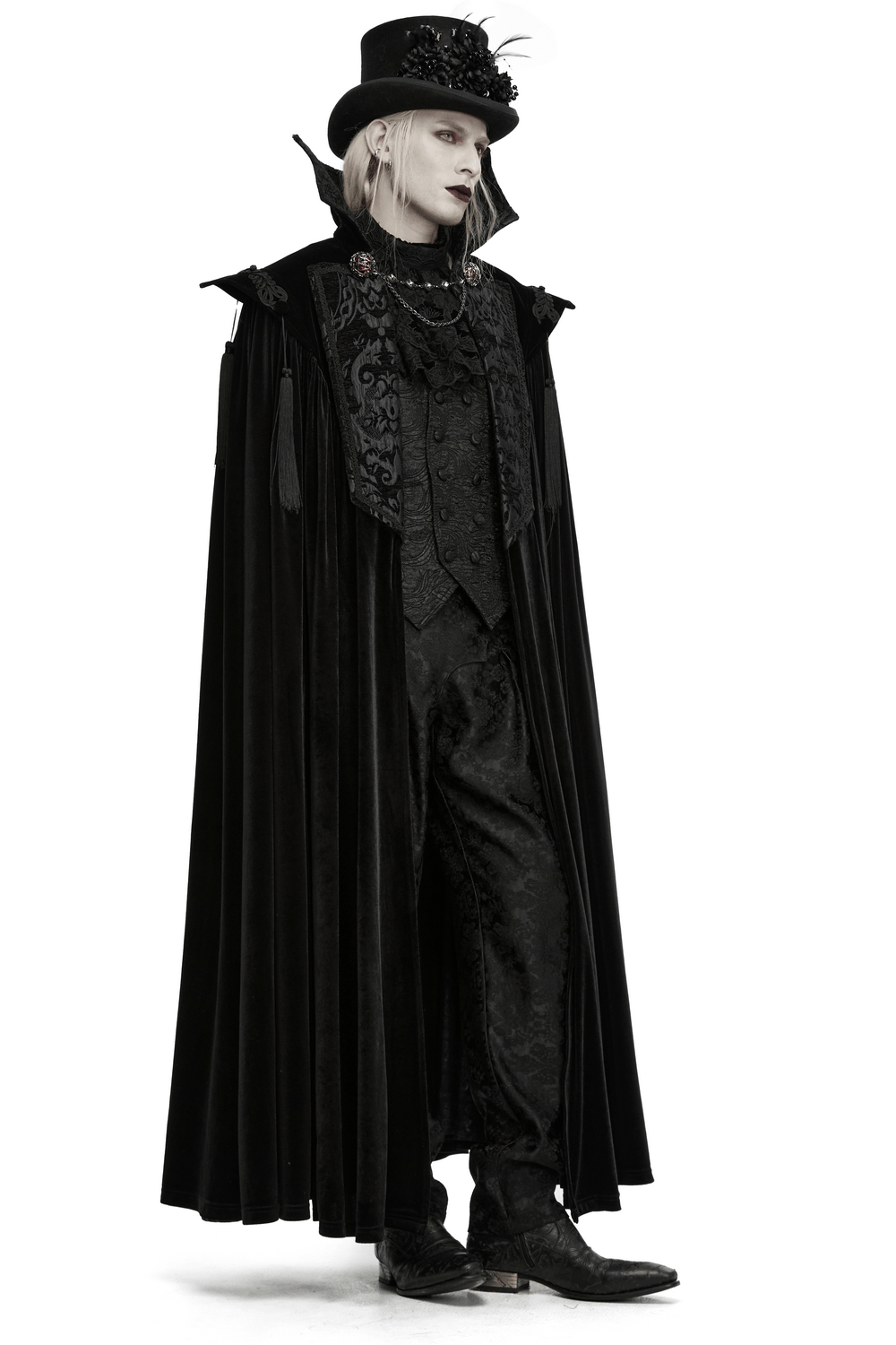 Gothic Vampire Velvet Cloak with Jacquard and Tassels