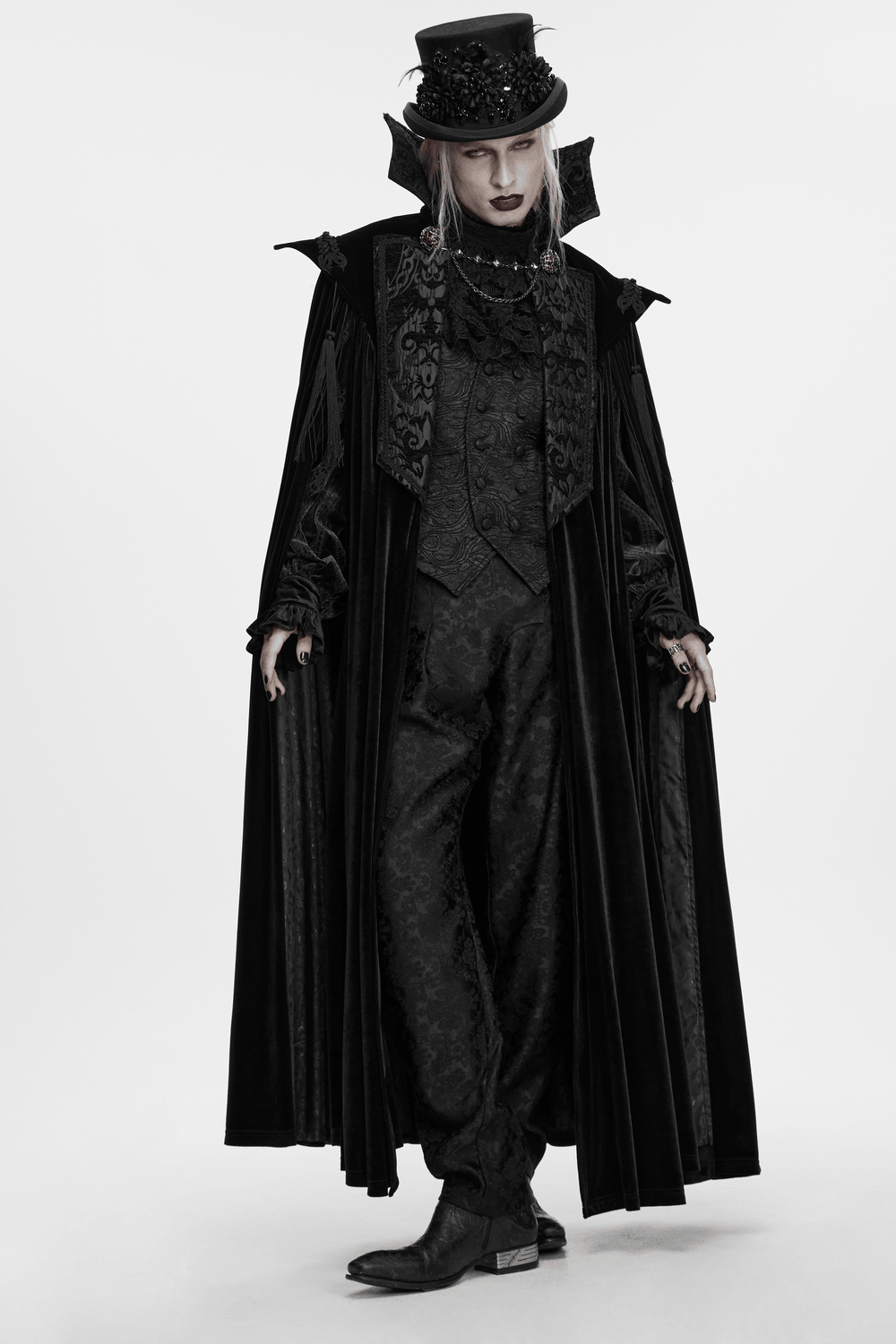 Gothic Vampire Velvet Cloak with Jacquard and Tassels