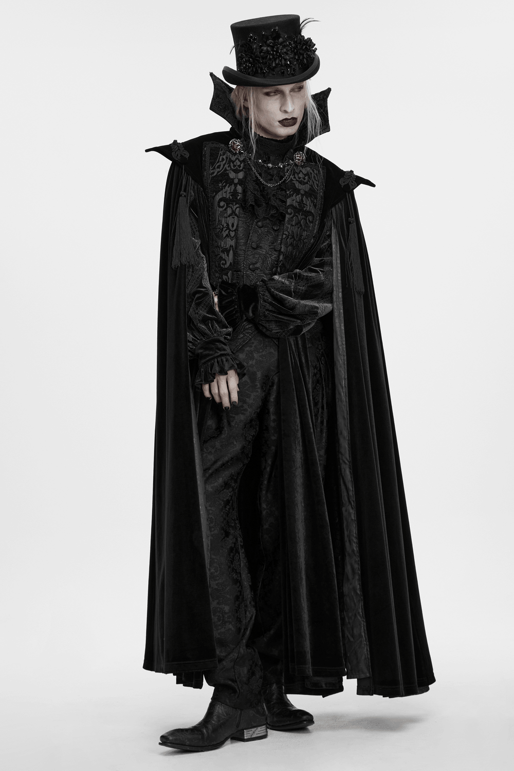 Gothic Vampire Velvet Cloak with Jacquard and Tassels