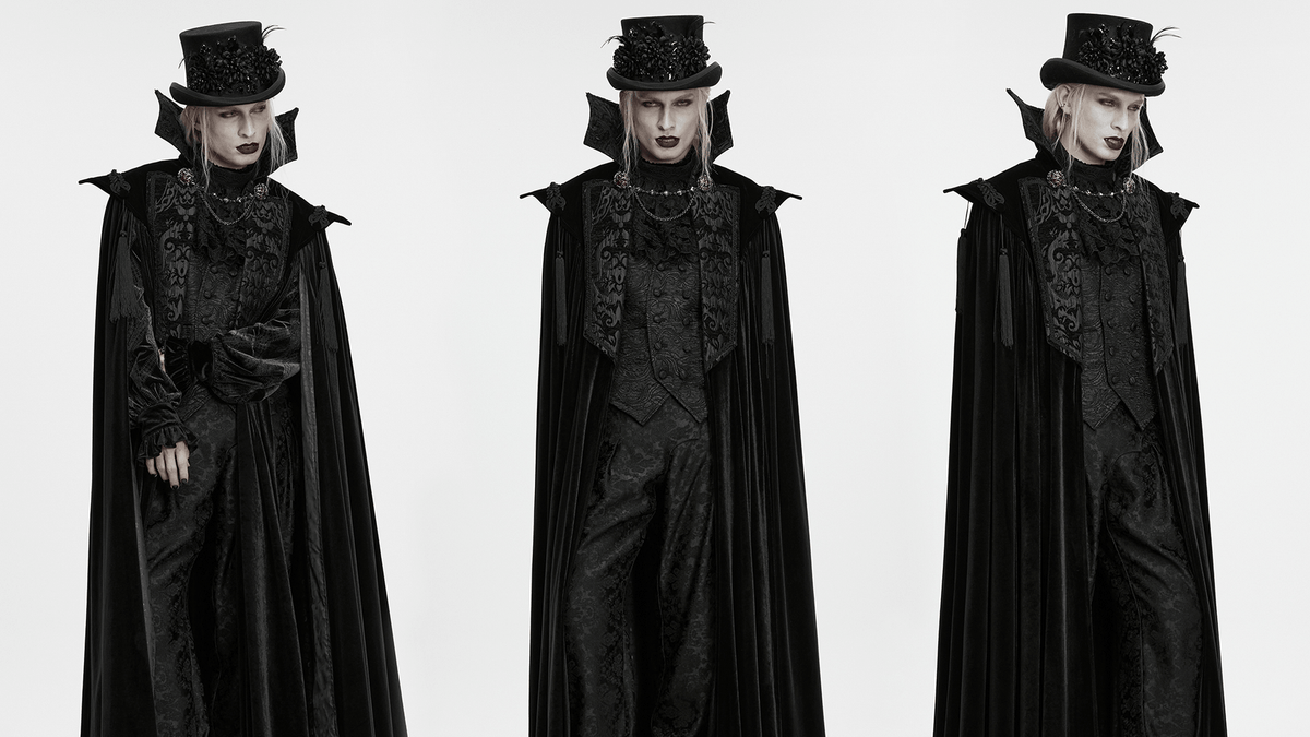 Gothic Vampire Velvet Cloak with Jacquard and Tassels
