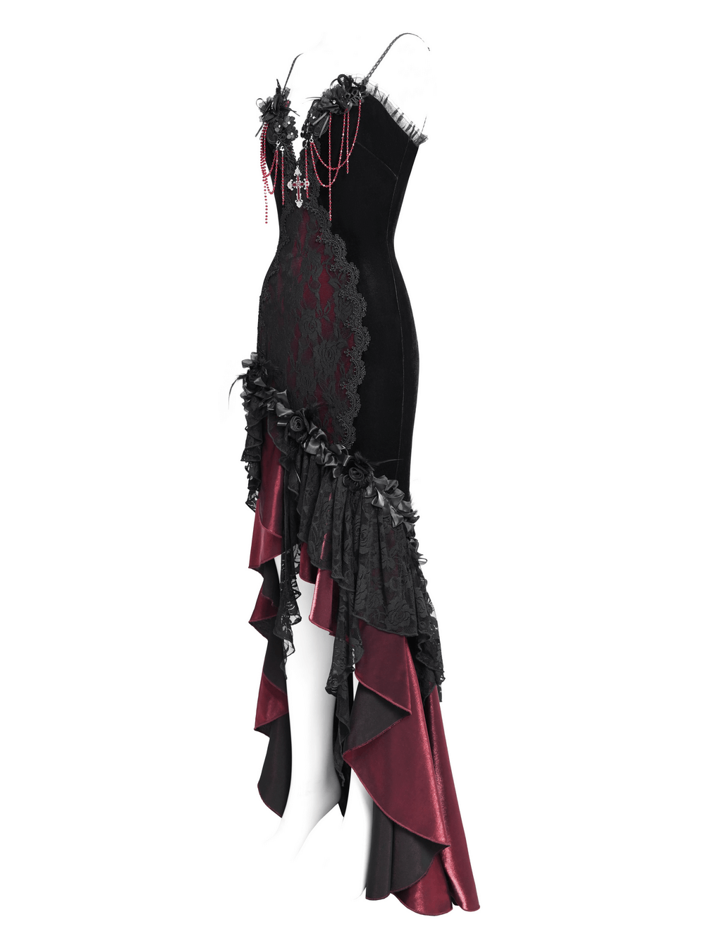 Gothic Velvet and Lace High-Low Dress with Cross Pendant