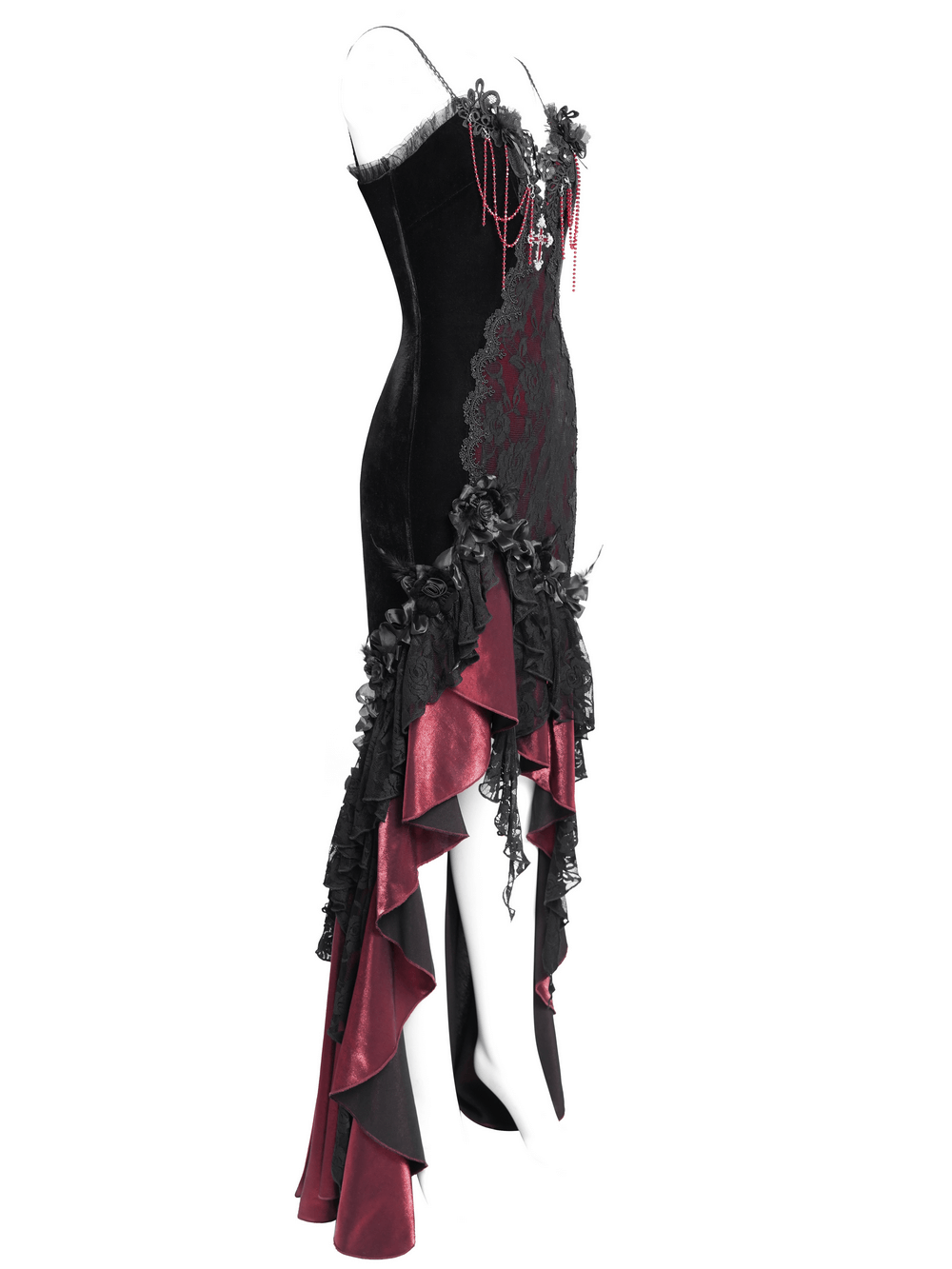 Gothic Velvet and Lace High-Low Dress with Cross Pendant