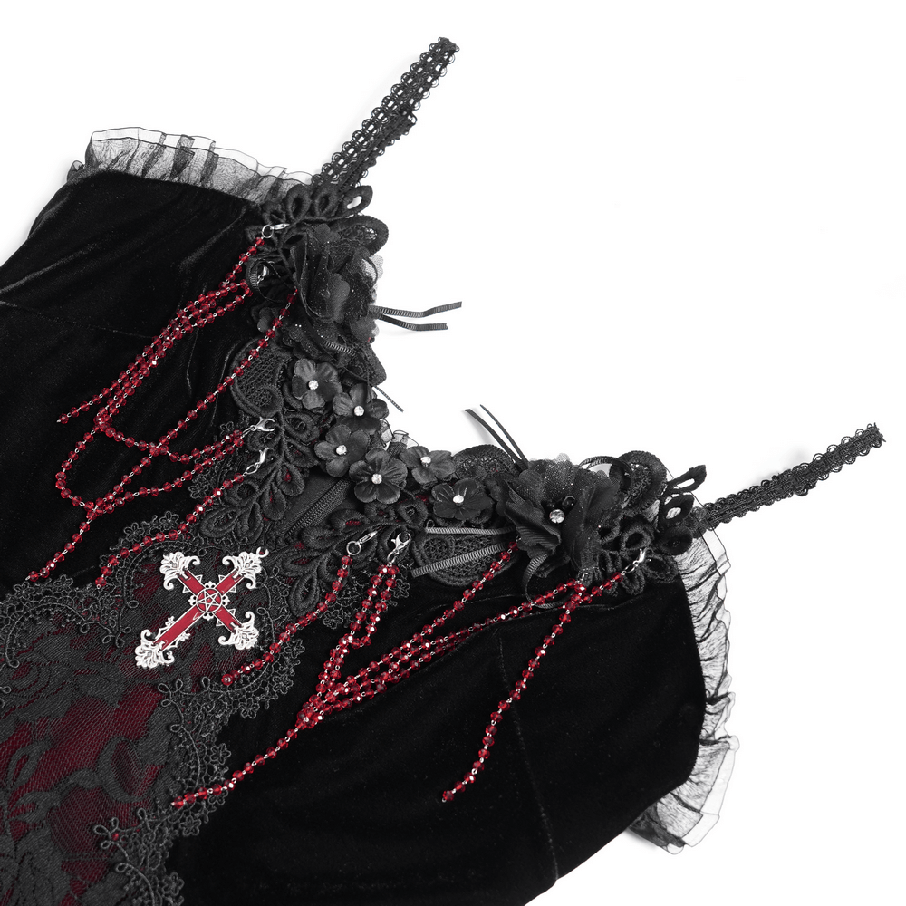 Gothic Velvet and Lace High-Low Dress with Cross Pendant