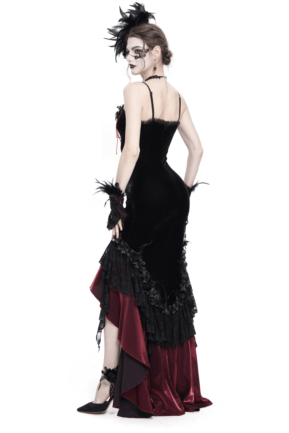 Gothic Velvet and Lace High-Low Dress with Cross Pendant