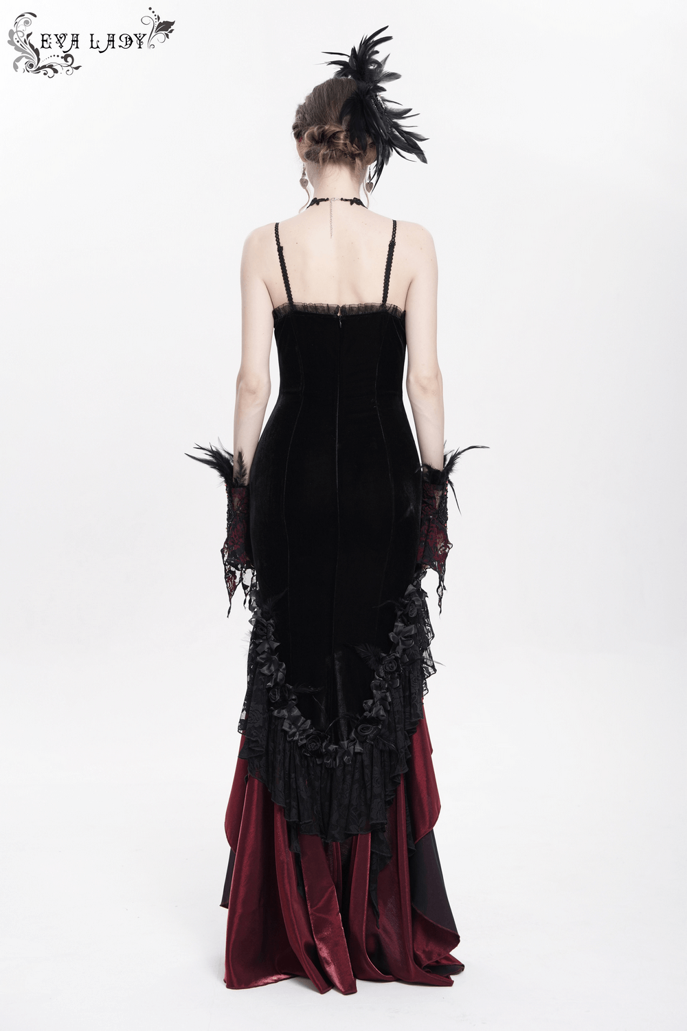 Gothic Velvet and Lace High-Low Dress with Cross Pendant