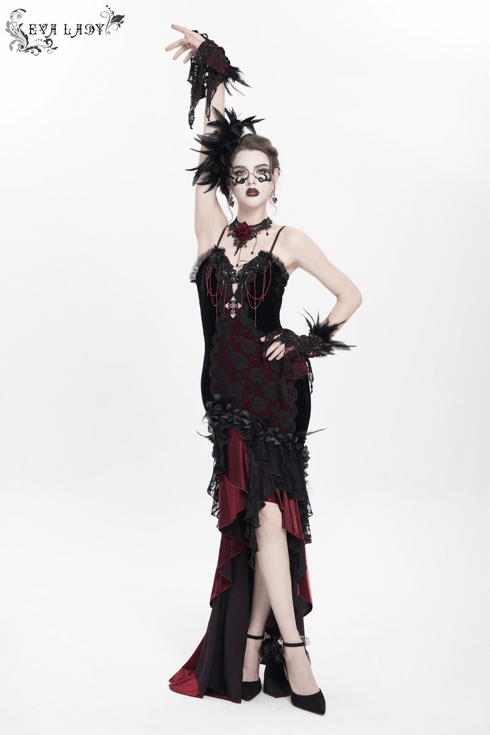 Gothic Velvet and Lace High-Low Dress with Cross Pendant