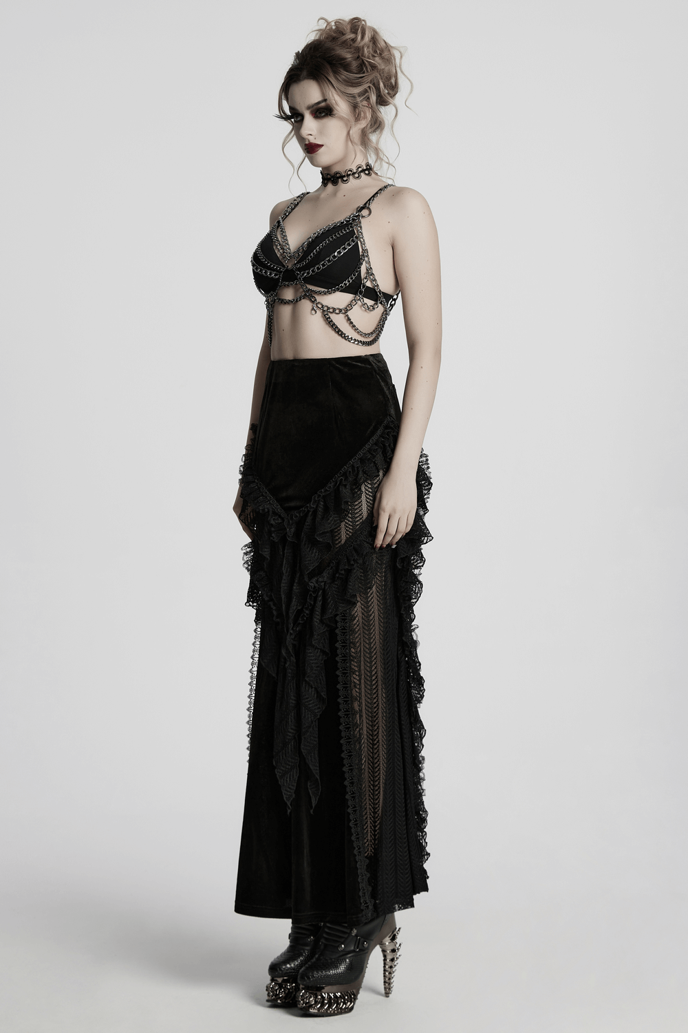 Gothic Velvet and Lace Ruffle Skirt with Mesh Detailing