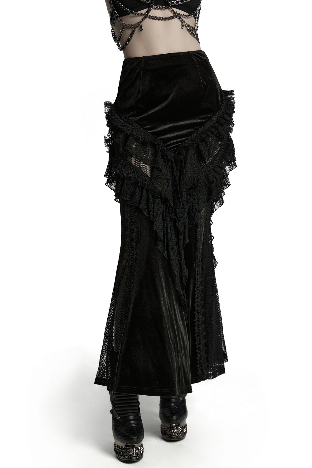 Gothic Velvet and Lace Ruffle Skirt with Mesh Detailing