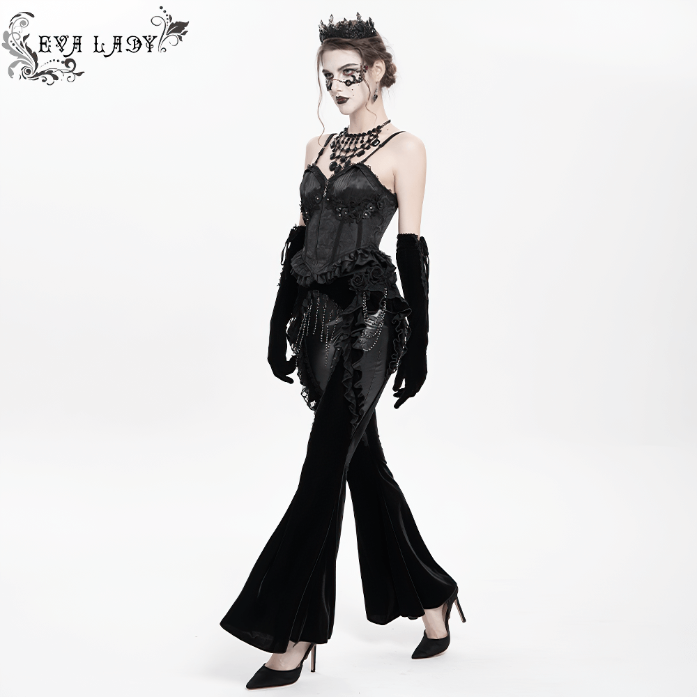 Gothic Velvet and Leather Flare Pants with Lace Ruffles