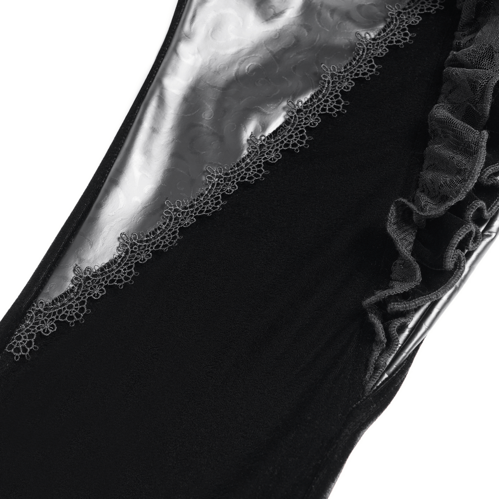 Gothic Velvet and Leather Flare Pants with Lace Ruffles