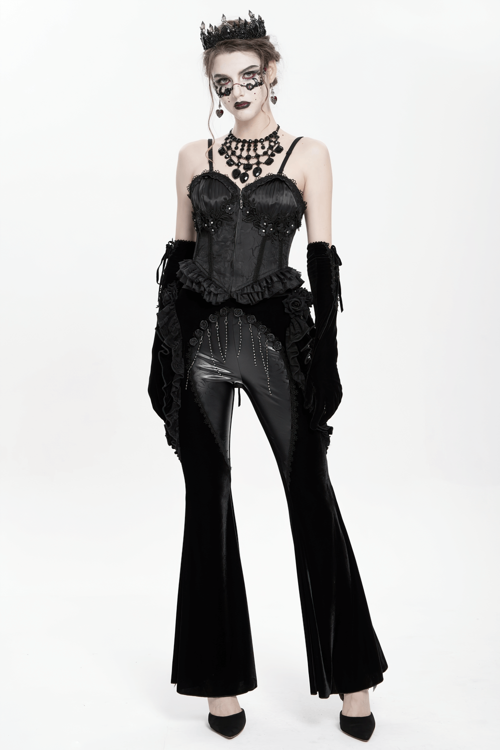 Gothic Velvet and Leather Flare Pants with Lace Ruffles