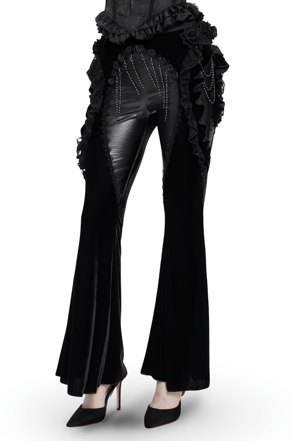 Gothic Velvet and Leather Flare Pants with Lace Ruffles