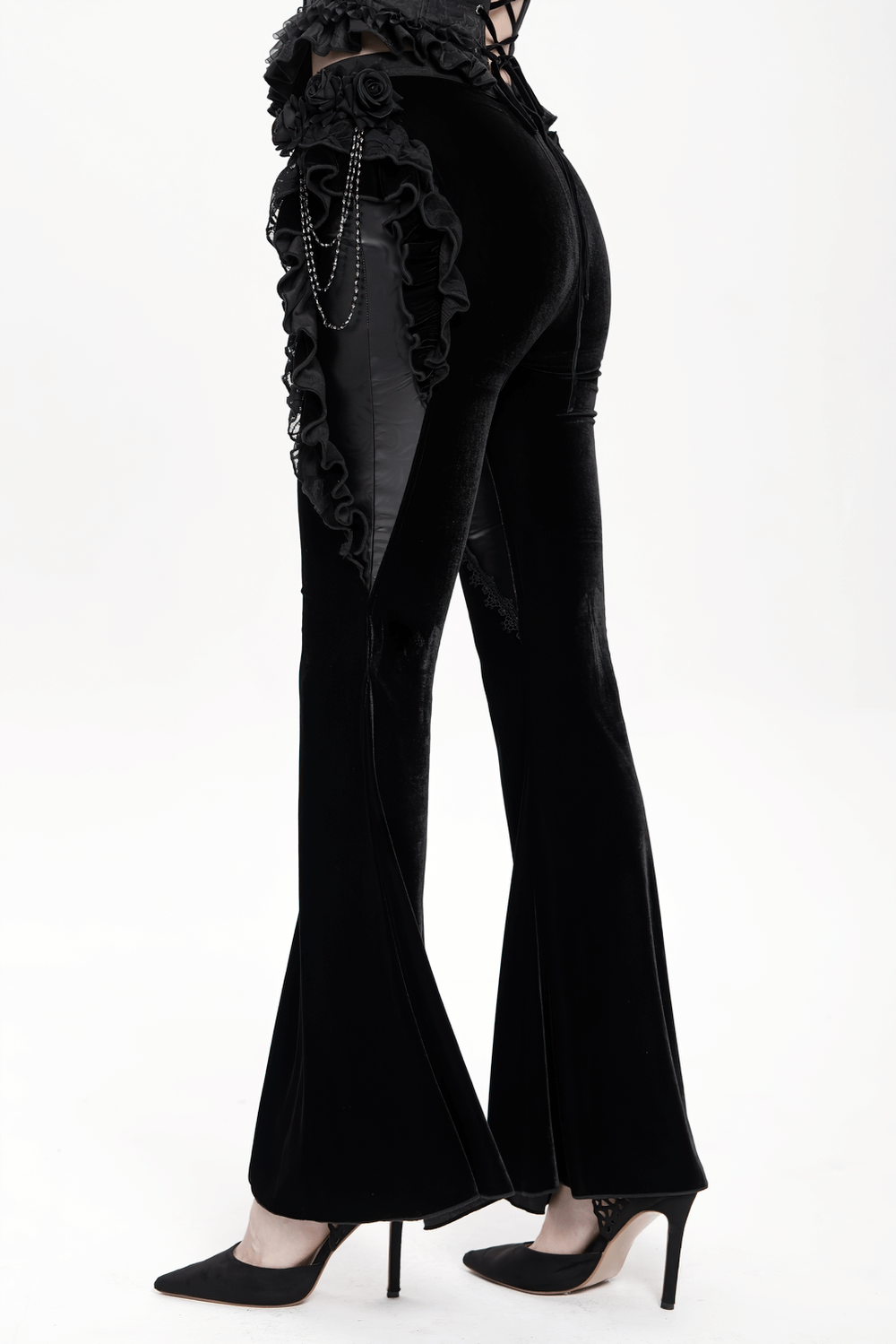 Gothic Velvet and Leather Flare Pants with Lace Ruffles