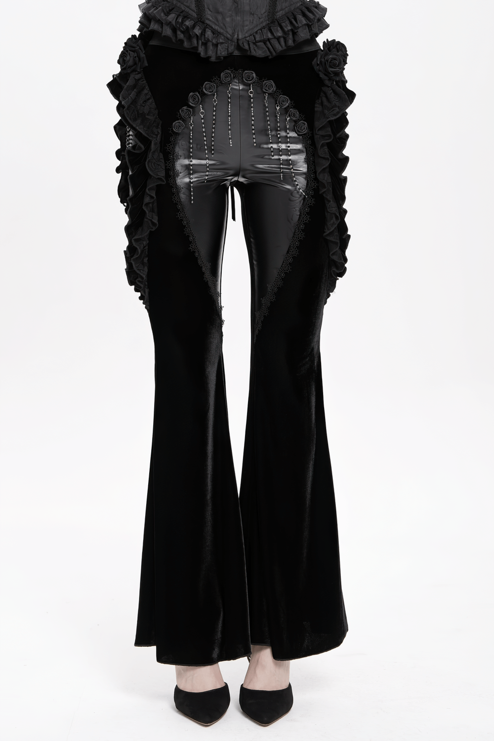 Gothic Velvet and Leather Flare Pants with Lace Ruffles