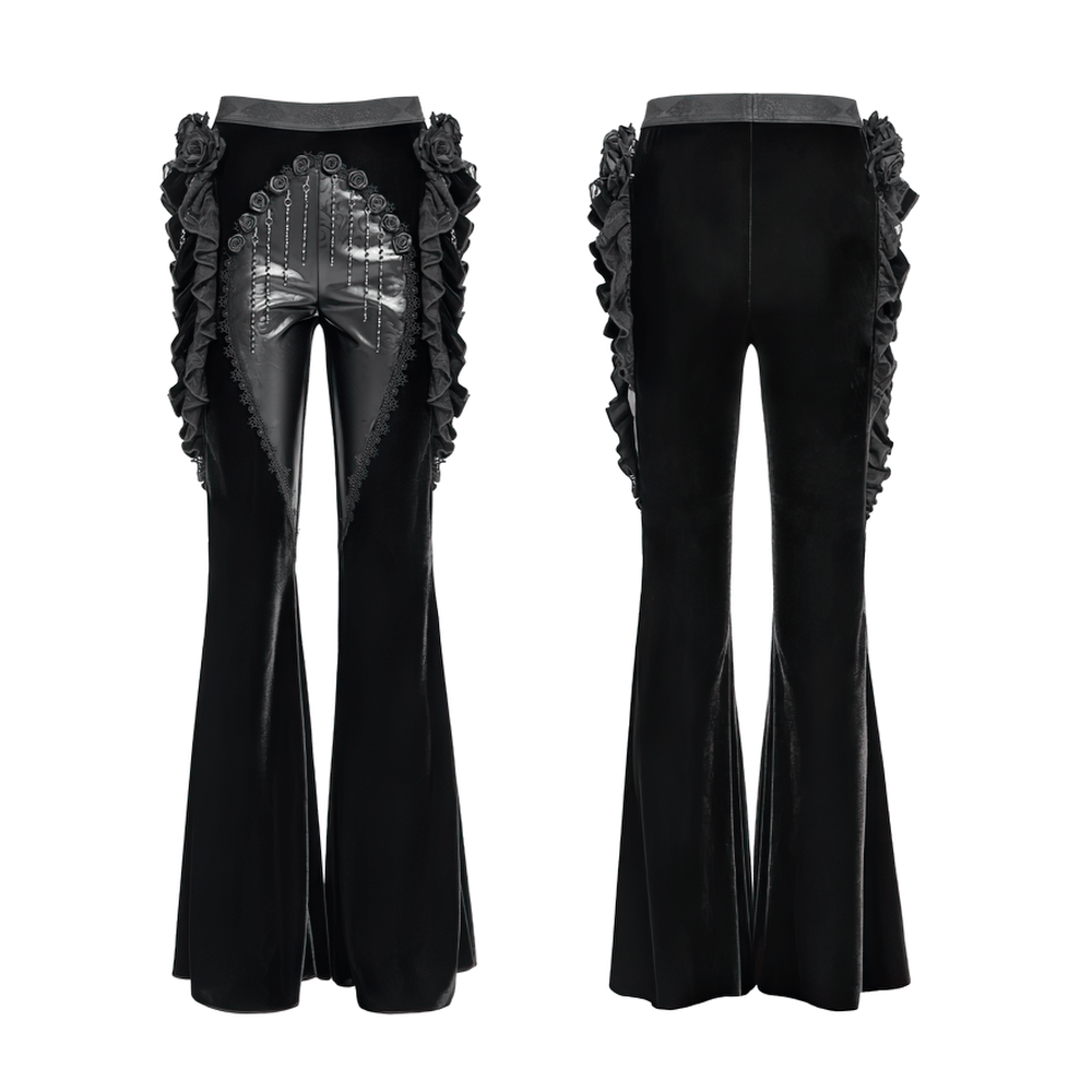 Gothic Velvet and Leather Flare Pants with Lace Ruffles