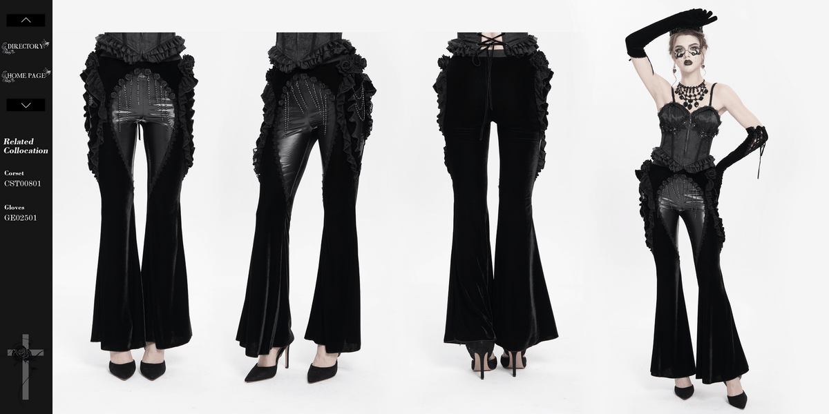 Gothic Velvet and Leather Flare Pants with Lace Ruffles