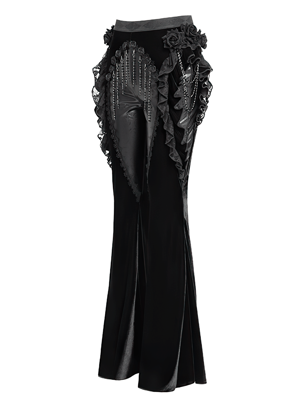 Gothic Velvet and Leather Flare Pants with Lace Ruffles
