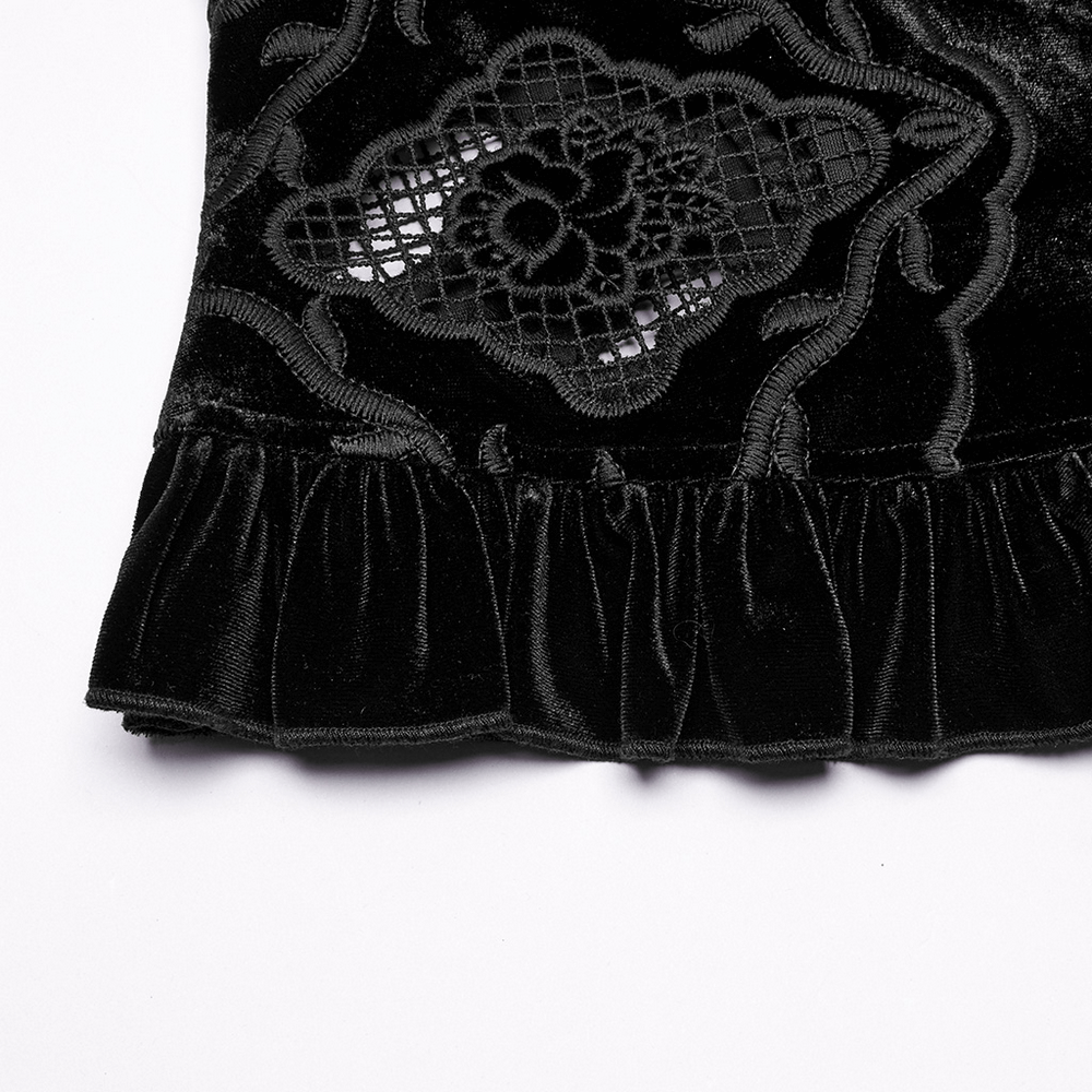 Gothic Velvet Blouse with Embroidery and Lace-Up Back