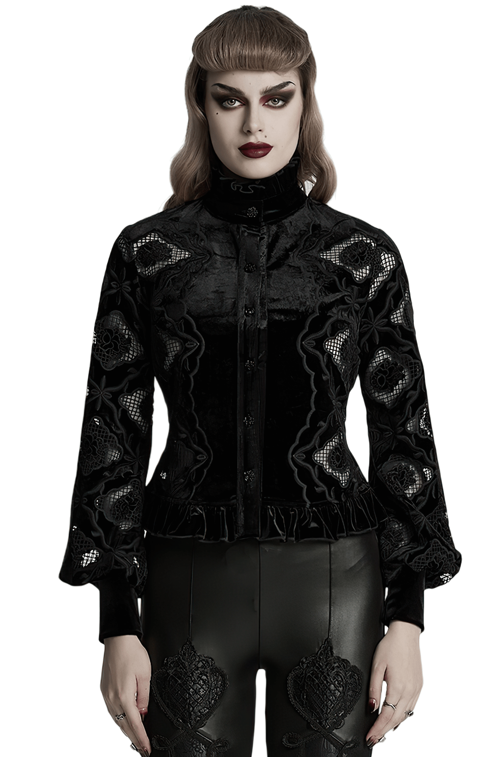 Gothic Velvet Blouse with Embroidery and Lace-Up Back