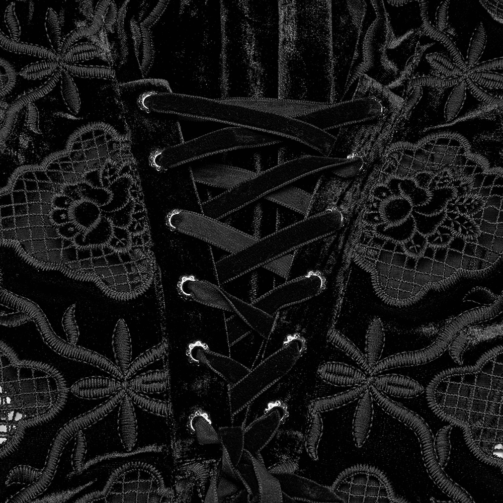 Gothic Velvet Blouse with Embroidery and Lace-Up Back
