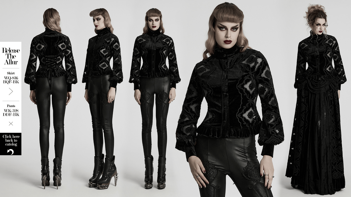 Gothic Velvet Blouse with Embroidery and Lace-Up Back