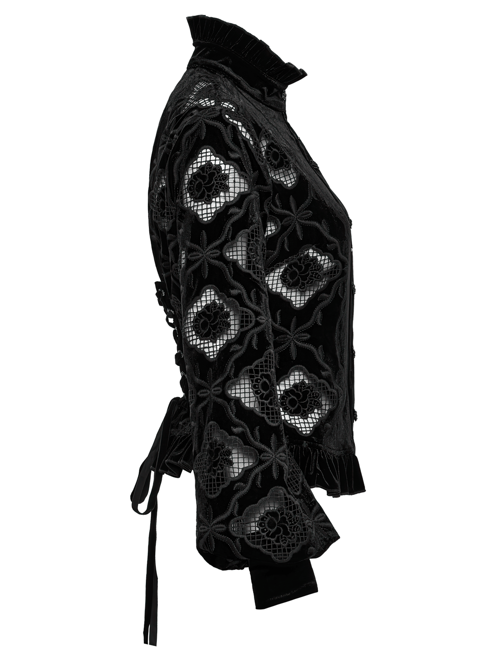 Gothic Velvet Blouse with Embroidery and Lace-Up Back