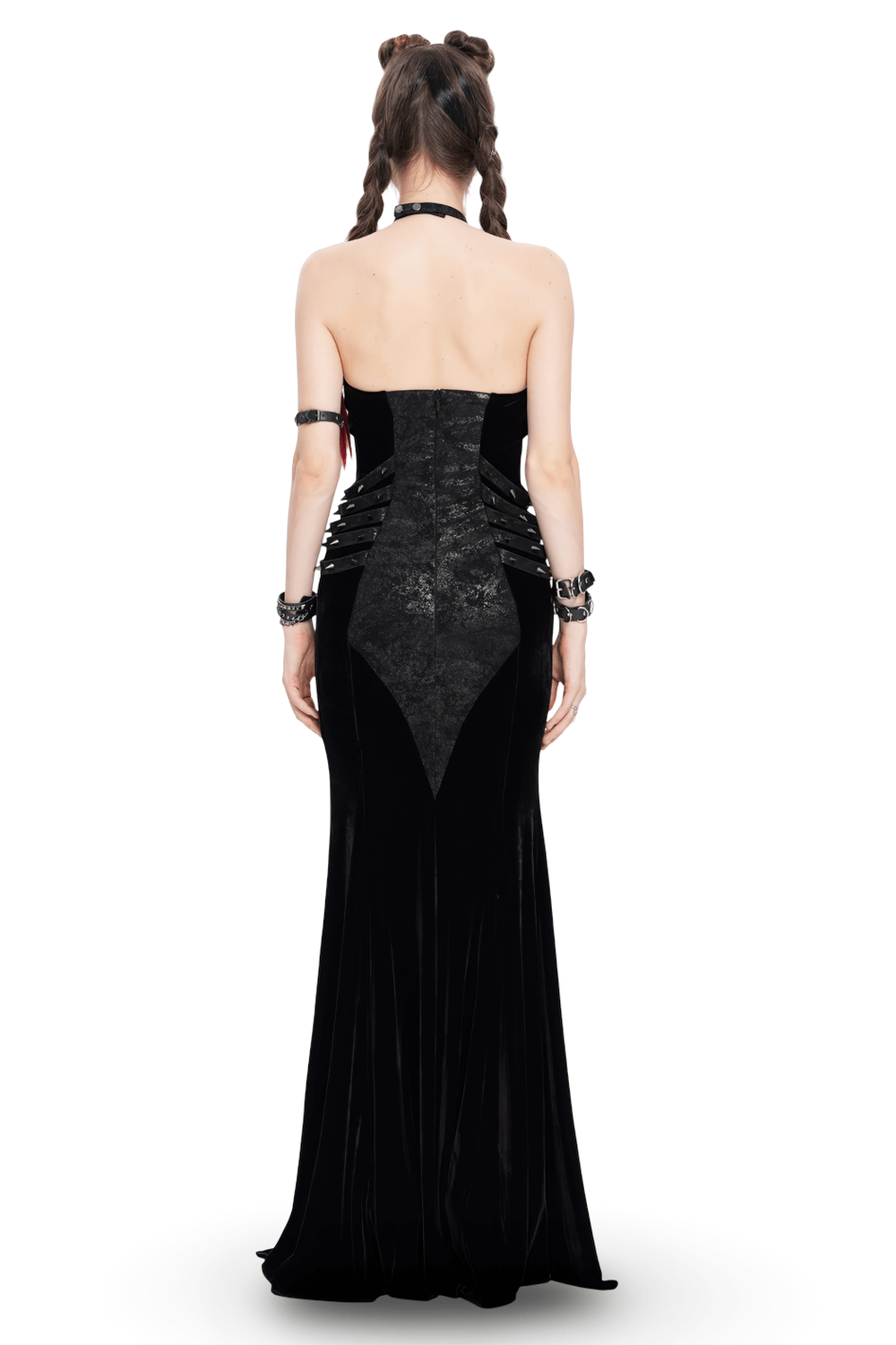 Gothic Velvet Chain Maxi Dress with Halter Neckline