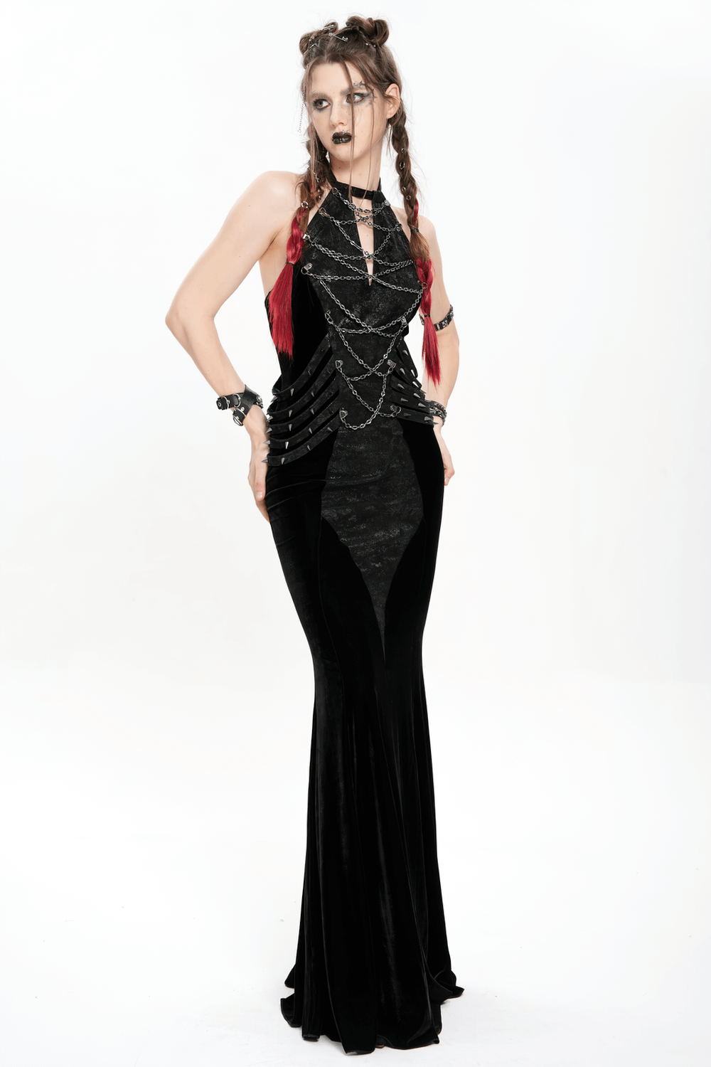 Gothic Velvet Chain Maxi Dress with Halter Neckline