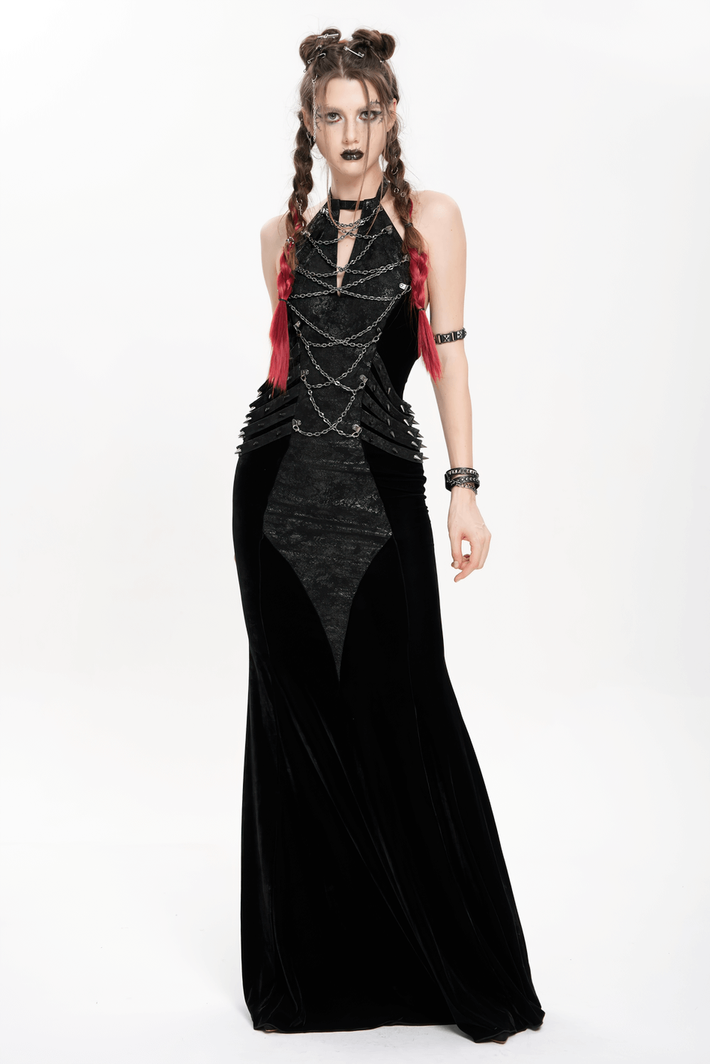 Gothic Velvet Chain Maxi Dress with Halter Neckline