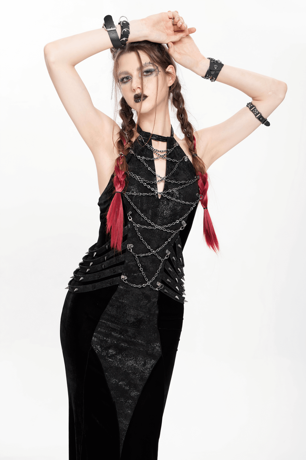Gothic Velvet Chain Maxi Dress with Halter Neckline