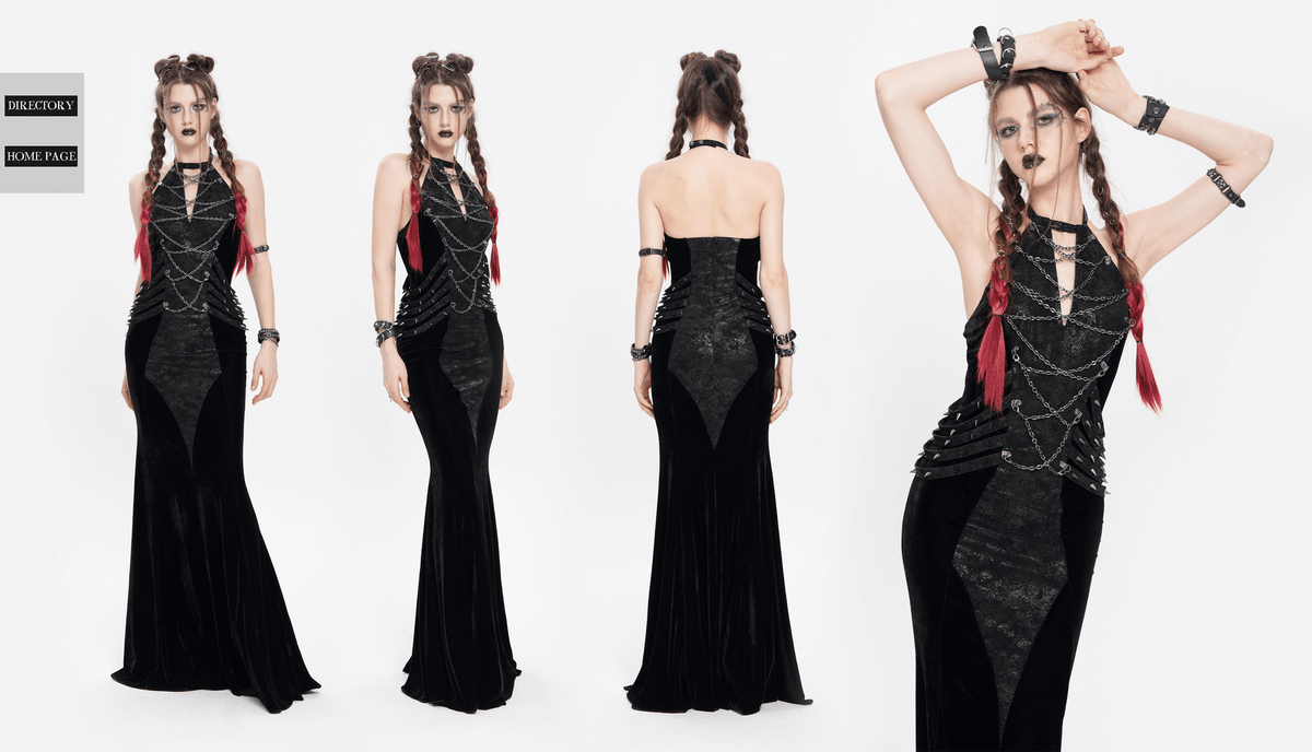 Gothic Velvet Chain Maxi Dress with Halter Neckline