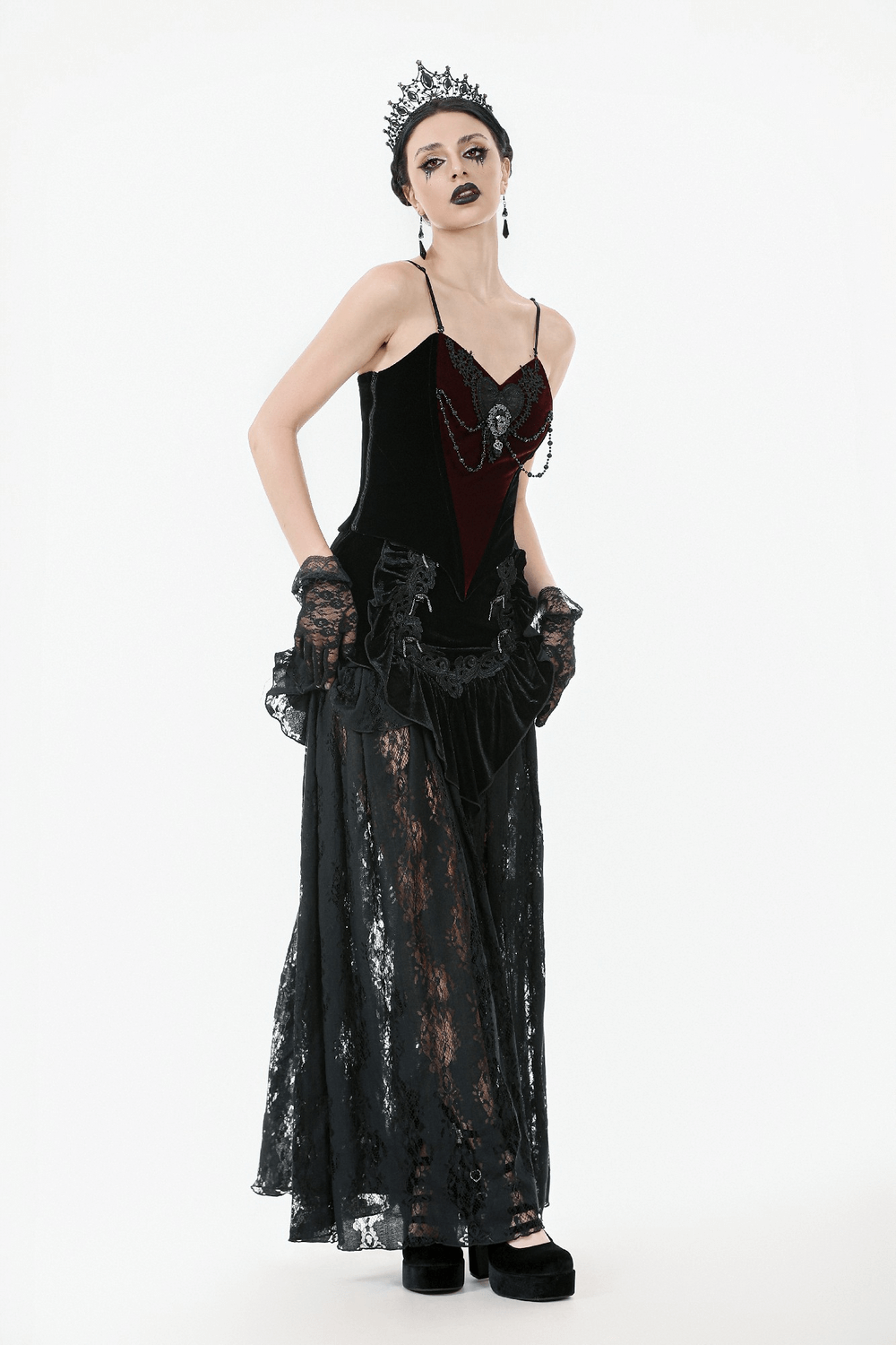 Gothic Velvet Corset Top with Lace and Chain Details